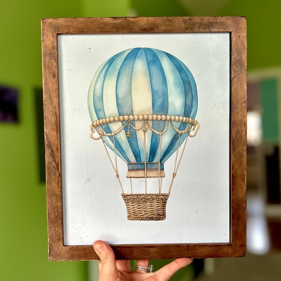 Vintage Rustic Wood Framed Blue Hot Air Balloon Wall Hanging Unique Decor Art - Picture 8 of 8